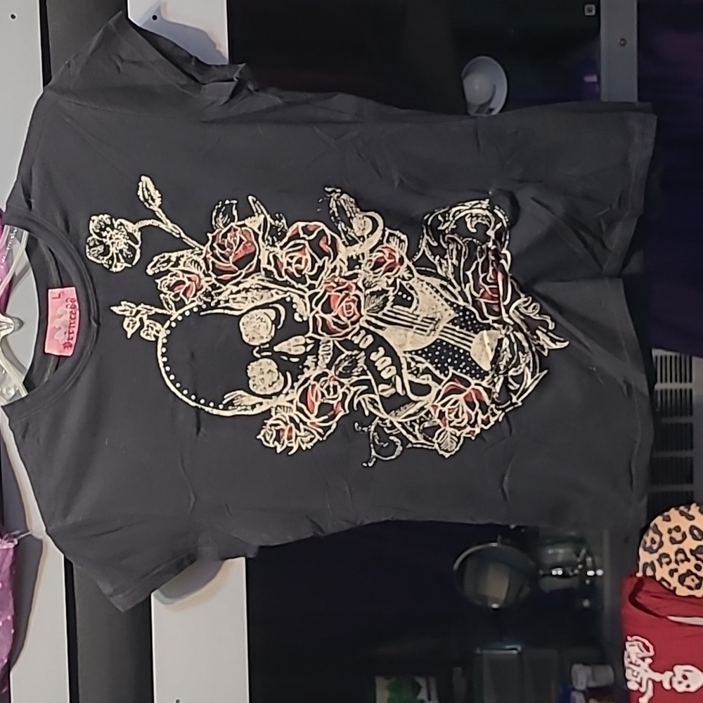 Girls Black Sugar Skull tee shirt Size Large